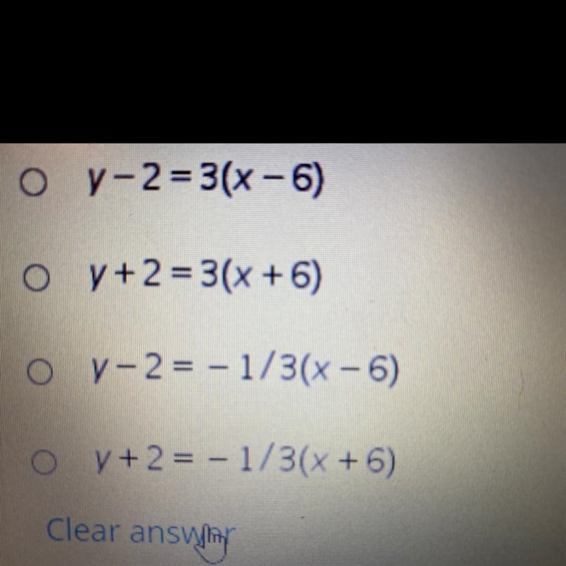 Write the equation of a line through the point (6, 2) and perpendicualr to y = 3x-example-1