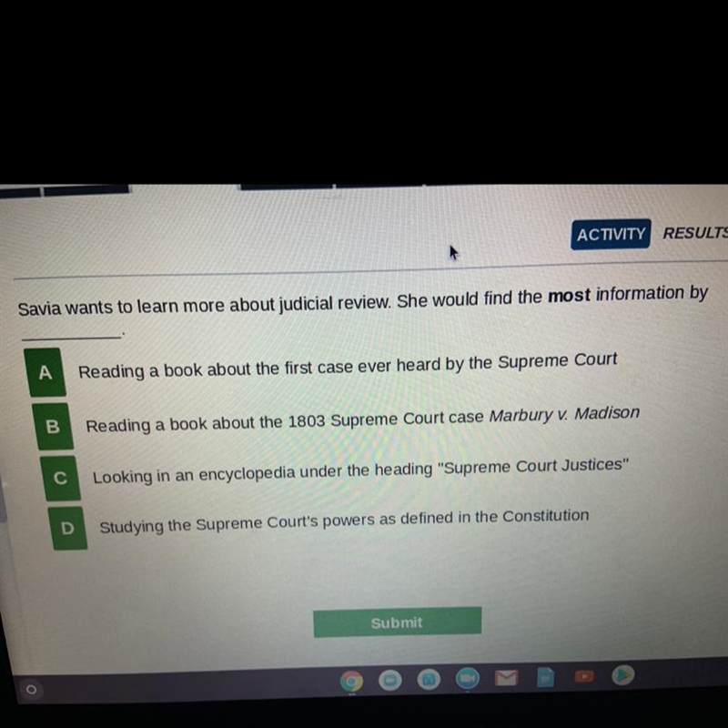 Savia wants to learn more about judicial review. She would find the most information-example-1