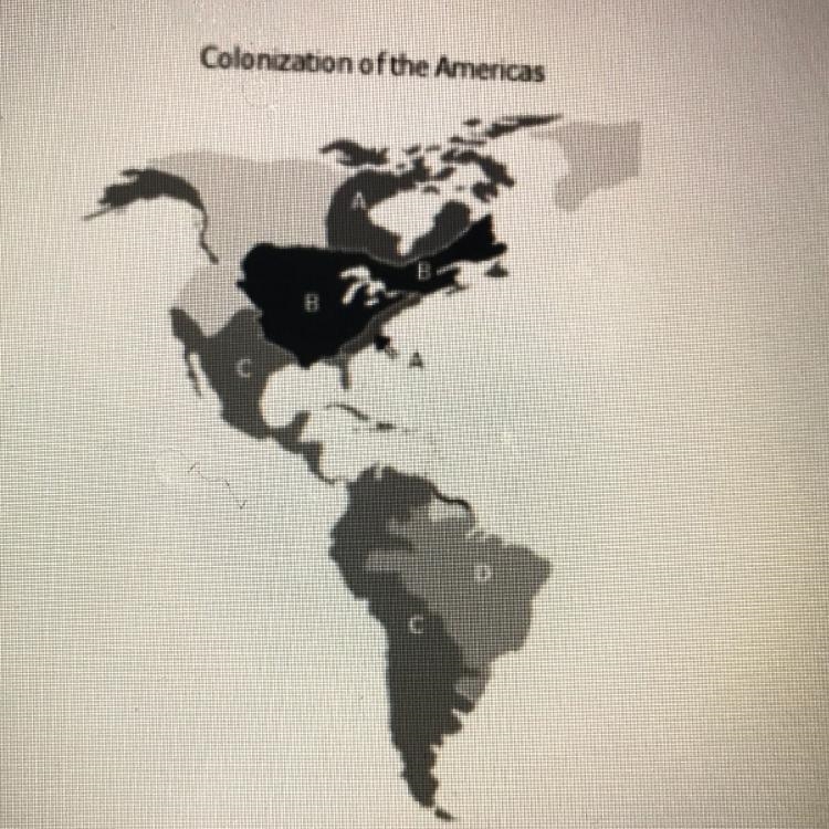 Which letter best marks the area of the Americas that was colonized by Portugal?-example-1