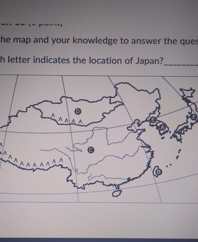 Which letter indicates the location of japan​-example-1