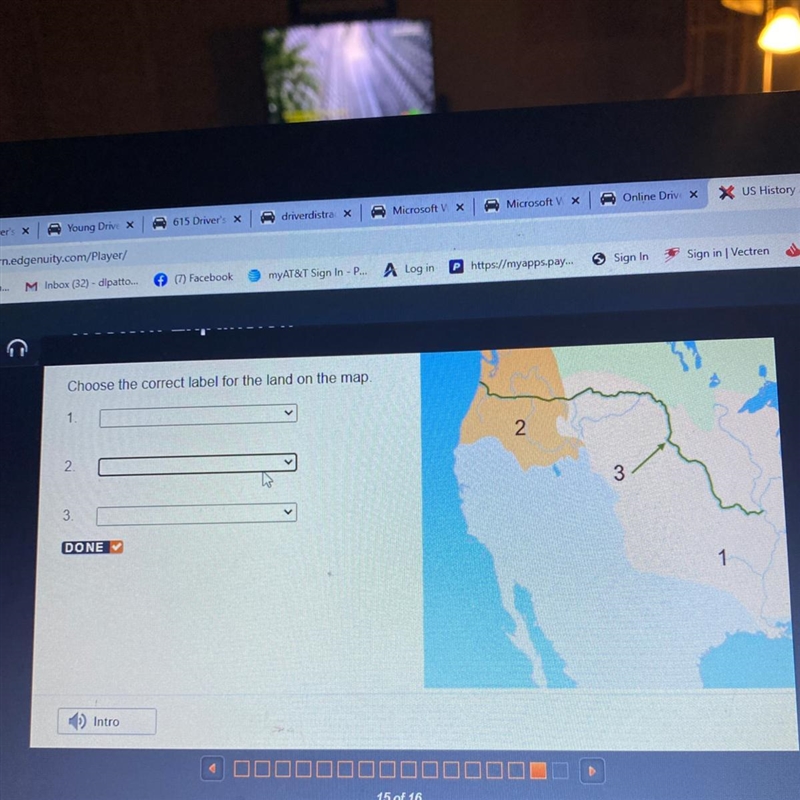 Choose the correct label for the land on the map. 1.the route of Lewis and Clark 2.the-example-1