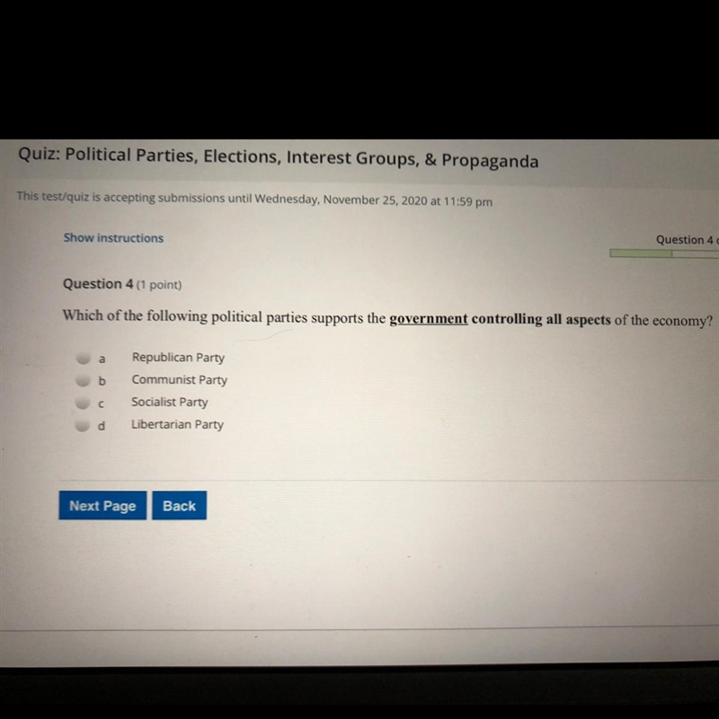 PLS HELP. a : republican party b : communist party c : socialist party d : libertarian-example-1