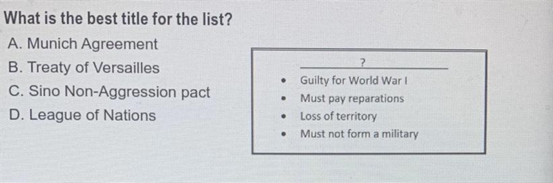 What is the best title for the list. A) Munich Agreement B) Treaty of Versailles C-example-1