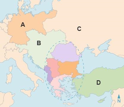 The area that is circled is called the . The Ottoman Empire is located at . Austria-example-1