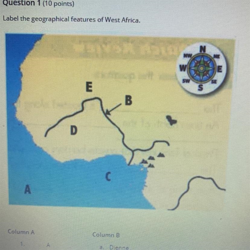 Label the geographical features of West Africa. N w SE E S B A Column A Column B a-example-1