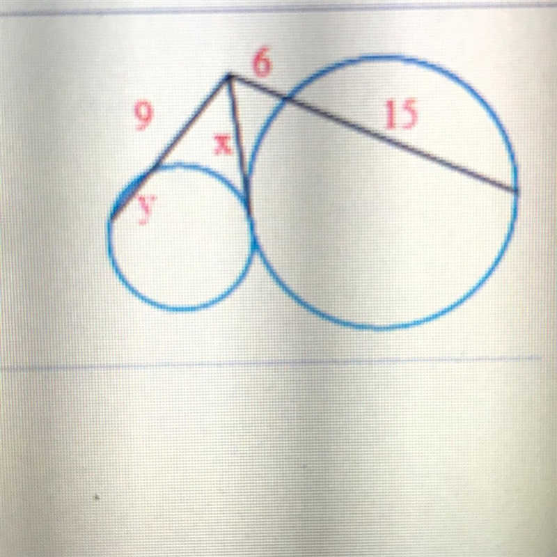 Find the values of x and y using the given chord, secant, and tangent lengths.-example-1