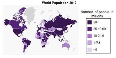 The map shows population distribution around the world by nation. Which two continents-example-1