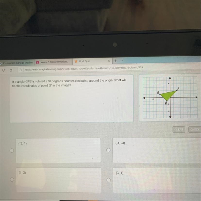 If triangle GFE is rotated 270 degrees counter-clockwise around the origin, what will-example-1