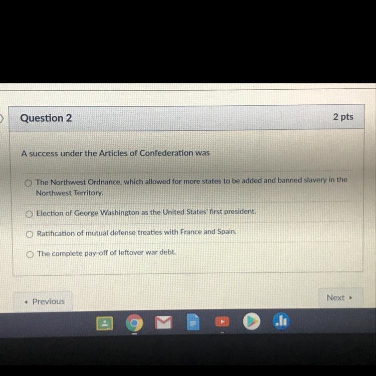 A success under the Articles of confederation was-example-1