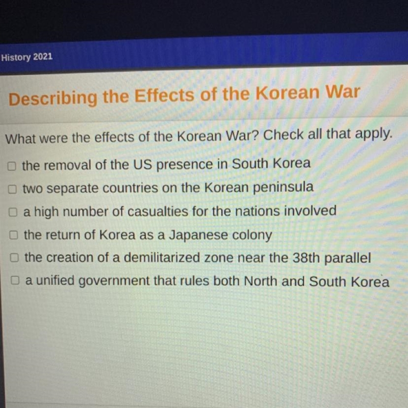 What were the effects of the Korean War? Check all that apply. the removal of the-example-1