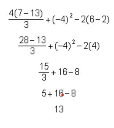 Cara evaluated the expression below. StartFraction 4 (7 minus 13) over 3 EndFraction-example-1