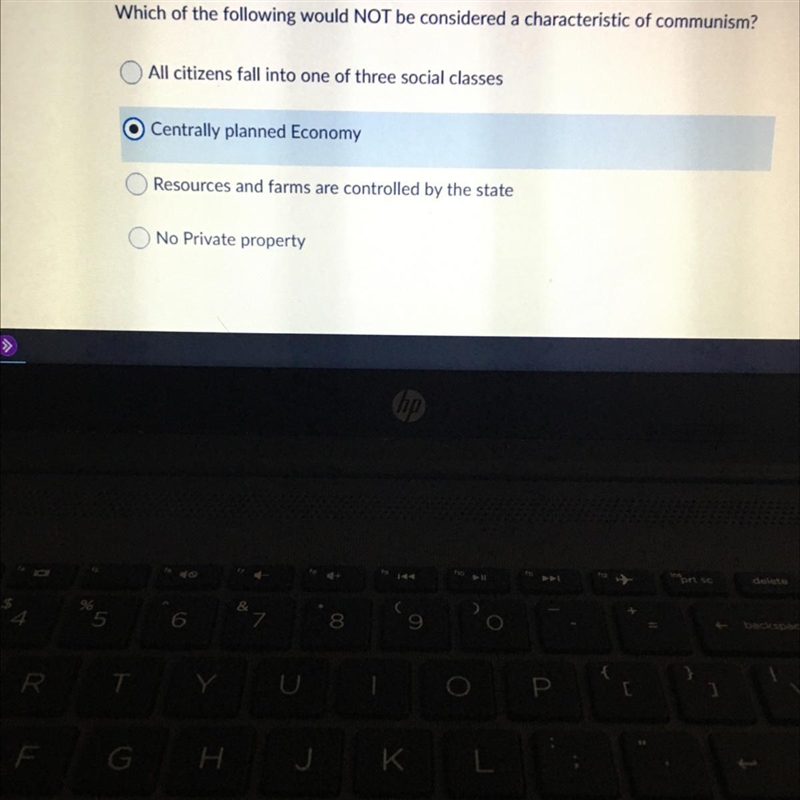 Which of the following would NOT be considered a characteristic of communism? HELP-example-1