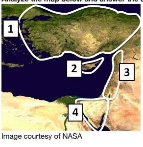 On the map above, the Anatolian Peninsula is located at __________. A. Number 1 B-example-1