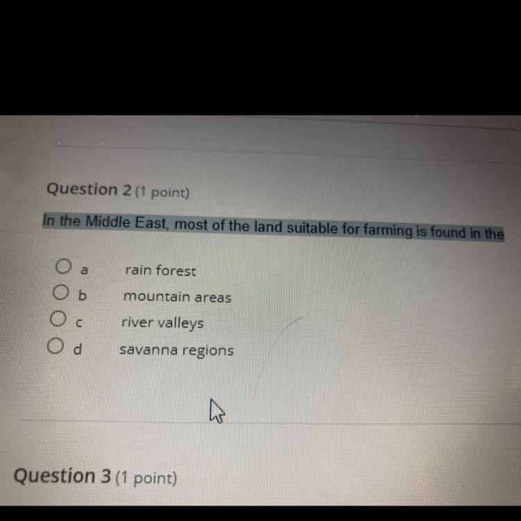 In the Middle East, most of the land suitable for farming is found in the- A. Rain-example-1