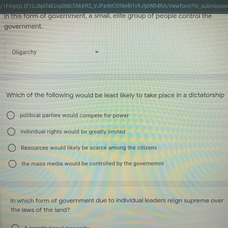 Which of the following would be least likely to take place in a dictatorship O political-example-1