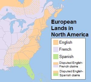 A map of European Lands in North America and legend key listing English, French, Spanish-example-1