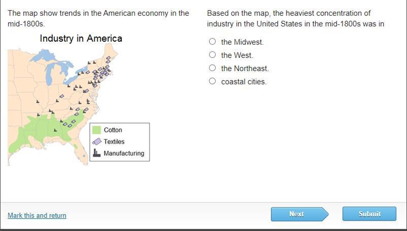 Based on the map, the heaviest concentration of industry in the United States in the-example-1