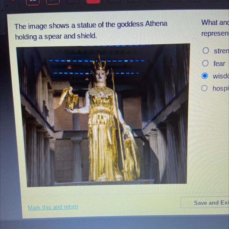 The image shows a statue of the goddess Athena holding a spear and shield. What ancient-example-1