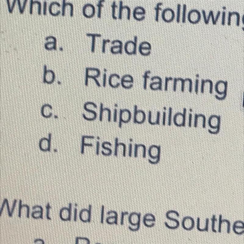 Which of the following was not part of the New England economy ￼￼ I need an answer-example-1