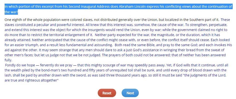 In which portion of this excerpt from his Second Inaugural Address does Abraham Lincoln-example-1