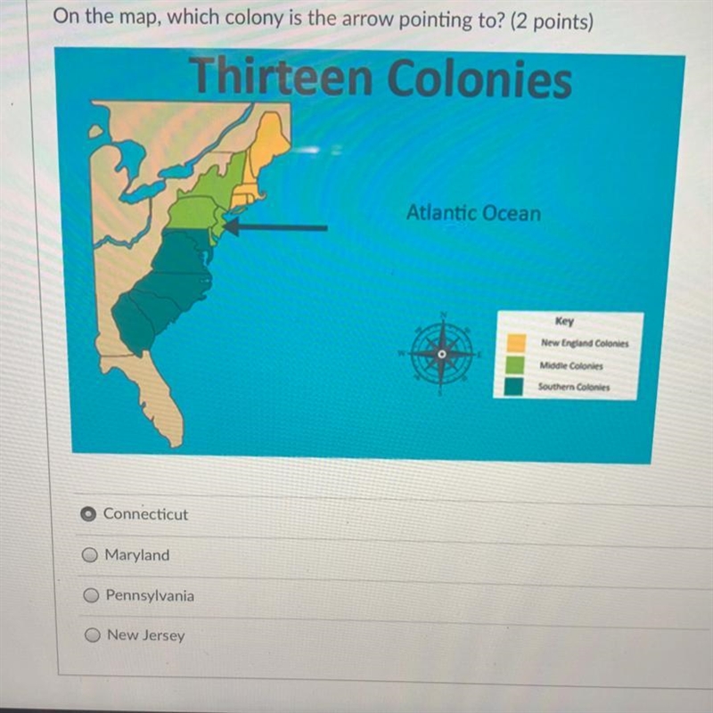 On the map, which colony is the arrow pointing to? (2 points) Thirteen Colonies Atlantic-example-1