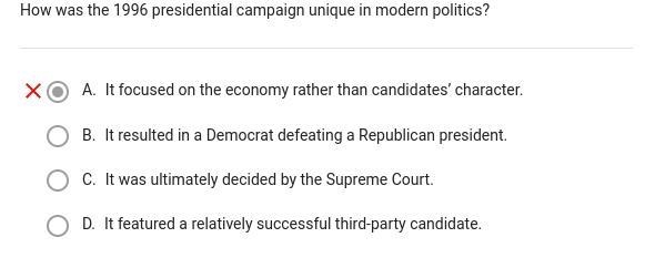 How was the 1996 presidential campaign unique in modern politics?-example-1