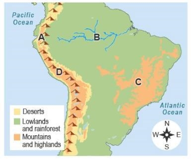 Review the map. Which letter shows the land first settled by the Inca? A B C D-example-1