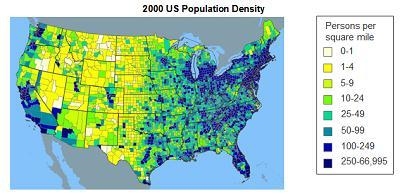 The map shows population density in the United States. What kind of map is this? choropleth-example-1