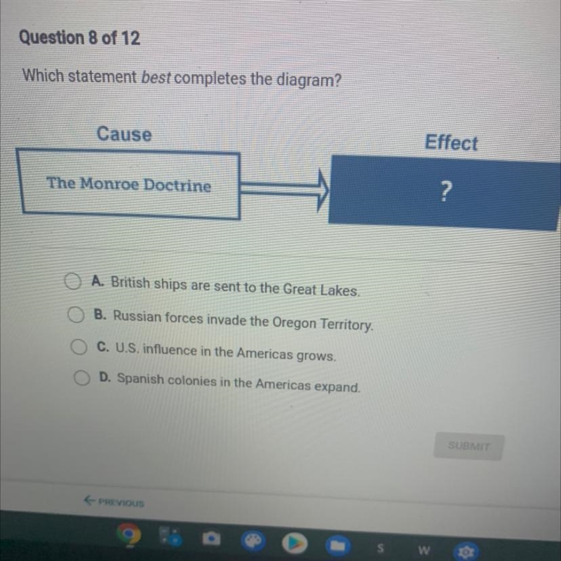 Which statement best completes the diagram? Cause Effect The Monroe Doctrine ? A. British-example-1