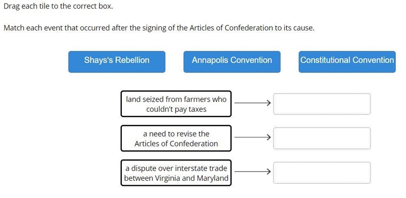 Match each event that occurred after the signing of the Articles of Confederation-example-1