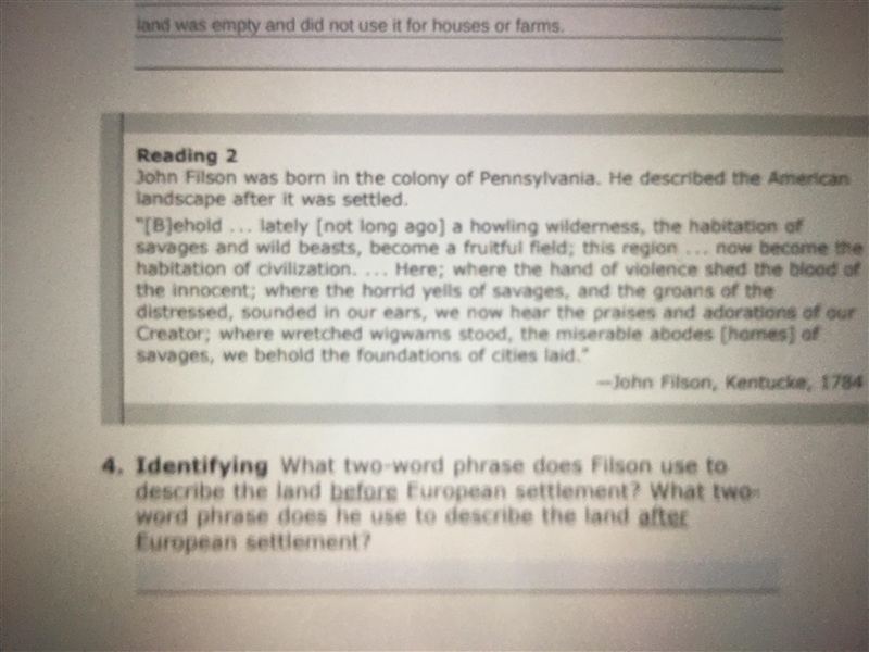 What two-word phrase does filson use to describe the land before European settlement-example-1