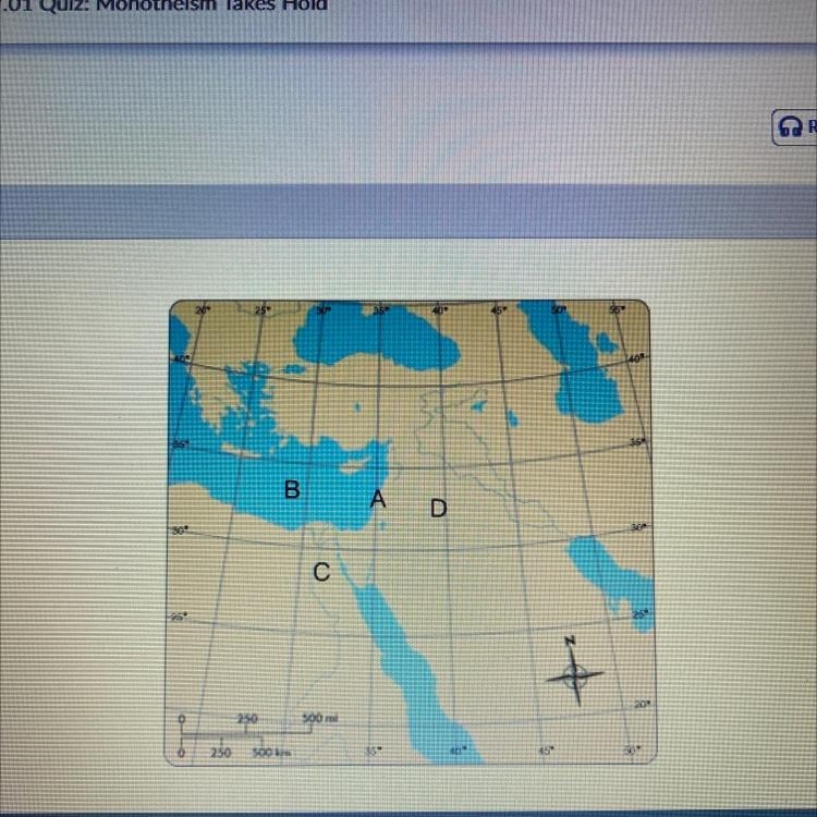 Location B is which place? O Egypt O Syrian Desert O Mediterranean Sea O Canaan-example-1