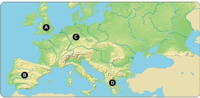 20 POINTS!!! Which letter on the map indicates the location of Germany?-example-1