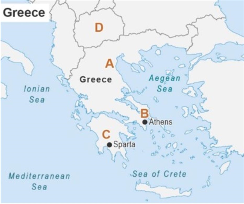 Which label on the map shows the location of Peloponnesus? A B C D pls help-example-1