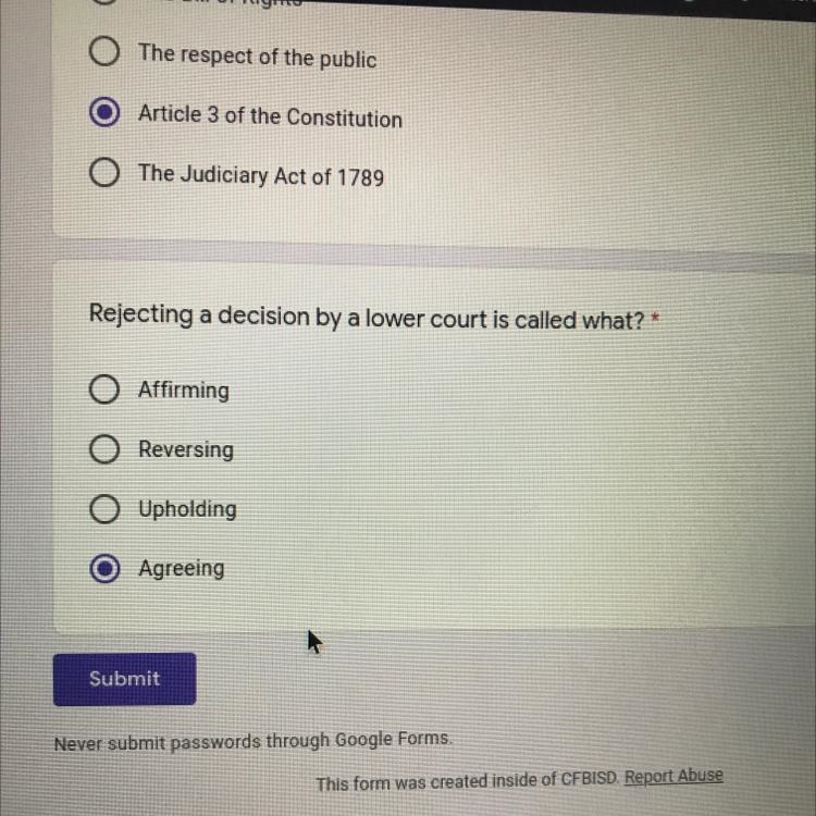 Rejecting a decision by a lower court is called what?-example-1