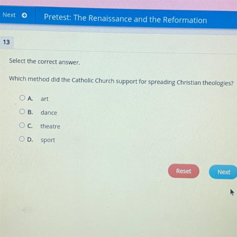 Select the correct answer. Which methodi did the Catholic Church support for spreading-example-1