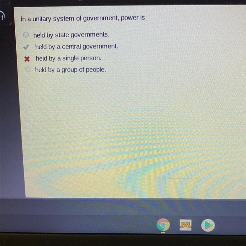 In a unitary system of government, power is held by state governments. ✓ held by a-example-1