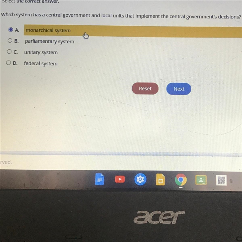 Which system has a central government and local units that implement the central government-example-1