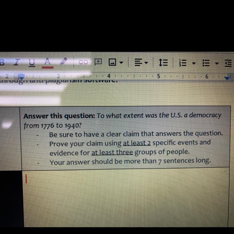 Answer this question: To what extent was the U.S. a democracy from 1776 to 1940? Be-example-1