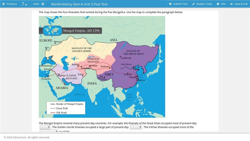 The map shows the four khanates that existed during the Pax Mongolica. Use the map-example-1