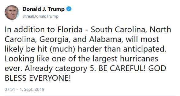 This Tweet from President Trump warning people about Hurricane Dorian was an example-example-1