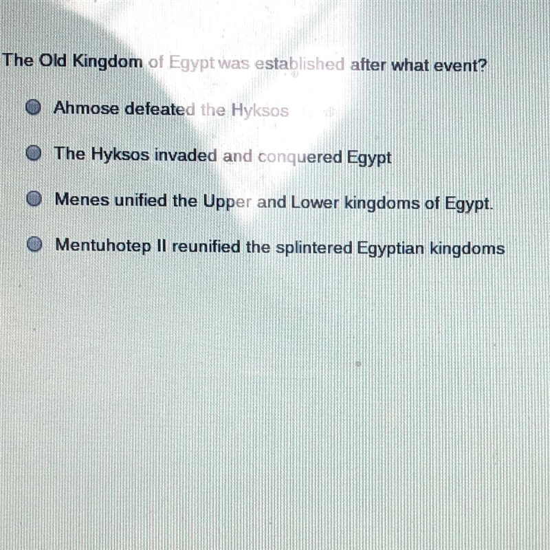 URGENT! The old kingdom of Egypt was established after what event?-example-1