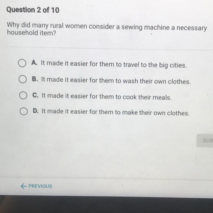 Why did many rural women consider a sewing machine a necessary household item? A. It-example-1