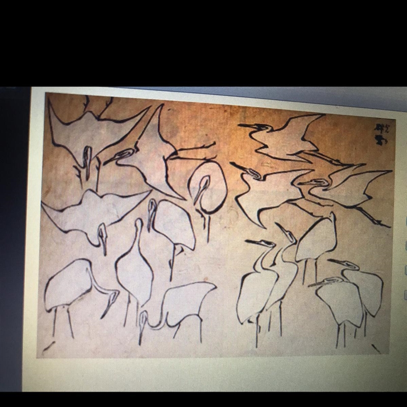 What patterns do you see in this painting of cranes? Check any that apply. 1. Their-example-1