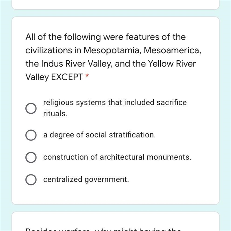 All of the following were features of the civilizations in Mesopotamia, Mesoamerica-example-1