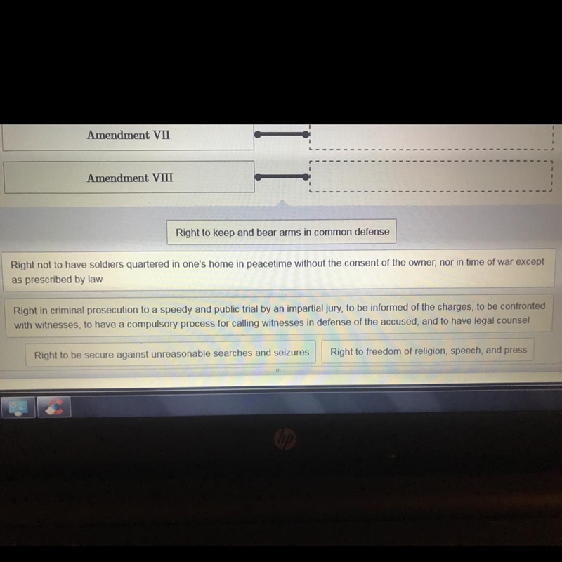 Match the "right" to the amendment that guarantees it? Amendment I Amendment-example-1