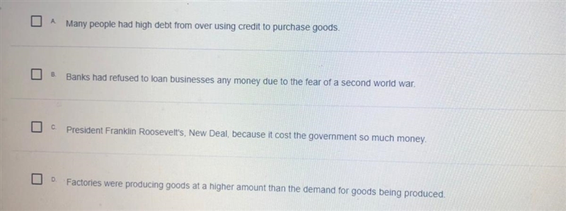 What caused the Great Depression? Select two (2) descriptions below to answer the-example-1