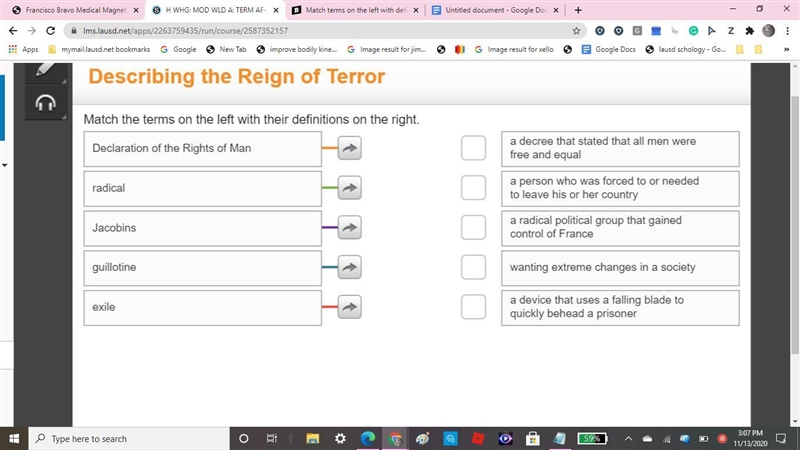 Match terms on the left with definitions on right. Declaration of the rights man-example-1