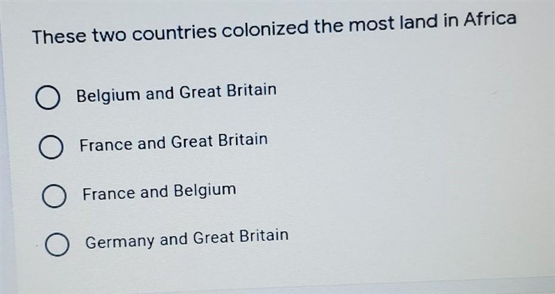 HELPPP..These two countries colonized the most land in Africa: A. Belgium and Great-example-1