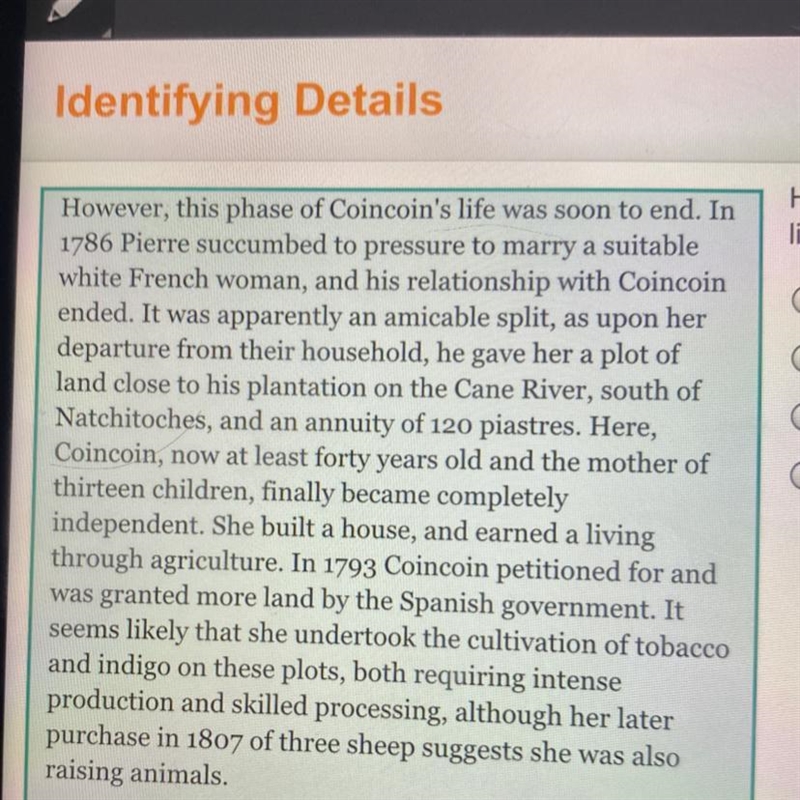 How did Marie-Thérèse Coincoin most likely earn a living? O She grew tobacco and indigo-example-1